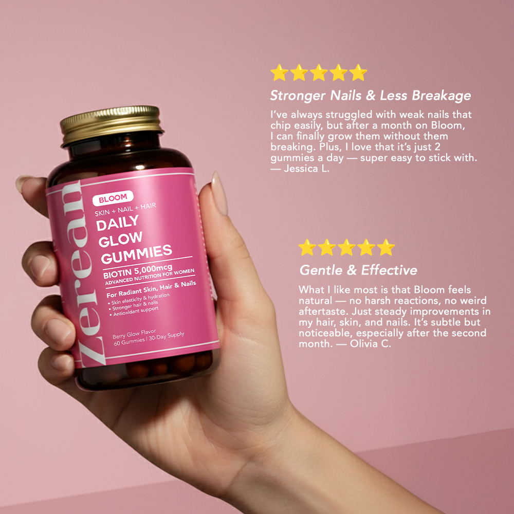 Hand holding Zerean Bloom bottle with customer testimonials about stronger nails, glowing skin, and healthier hair.
