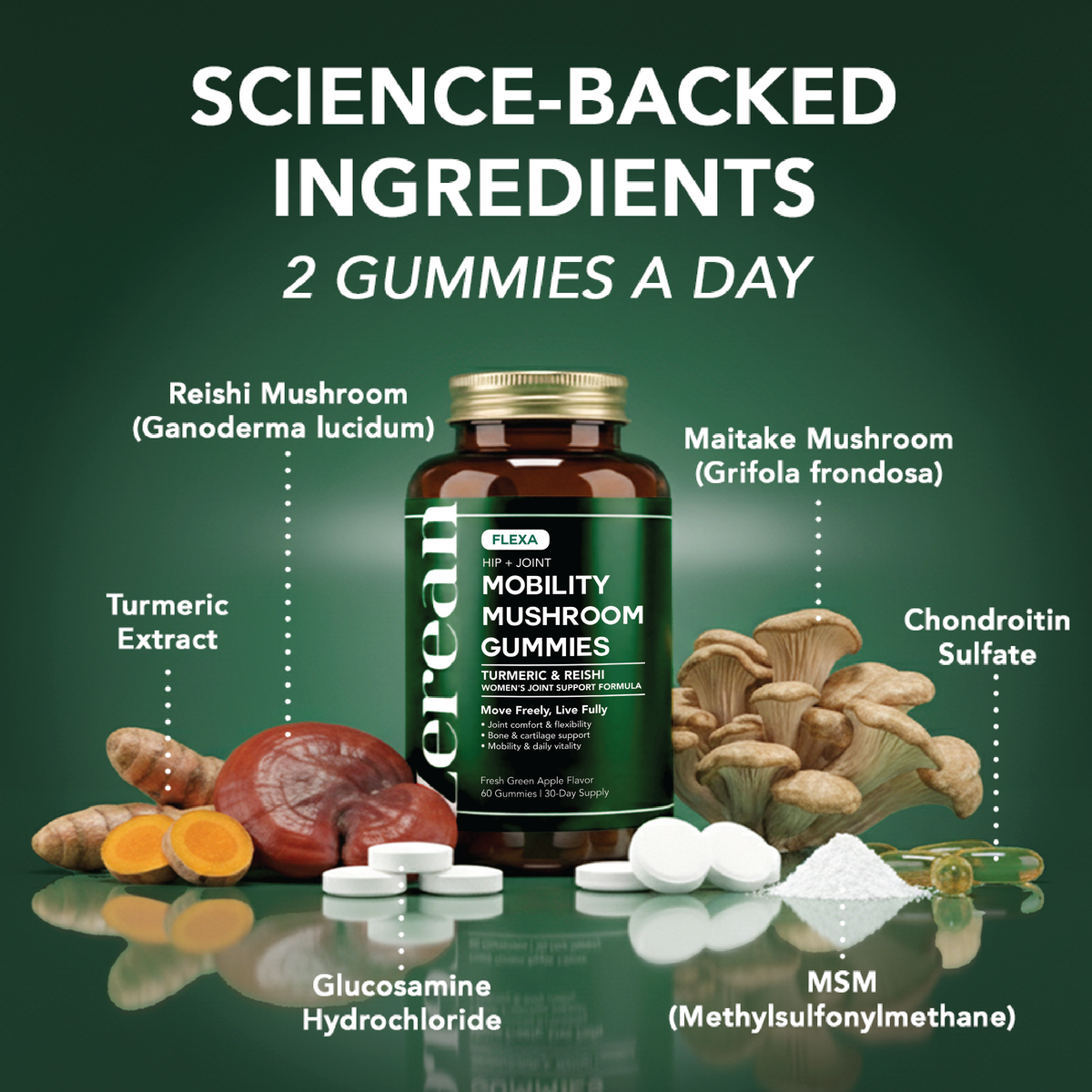 Zerean Flexa Mobility Mushroom Gummies bottle surrounded by turmeric, reishi, maitake, MSM, glucosamine, and chondroitin — 2 gummies a day for mobility and flexibility.