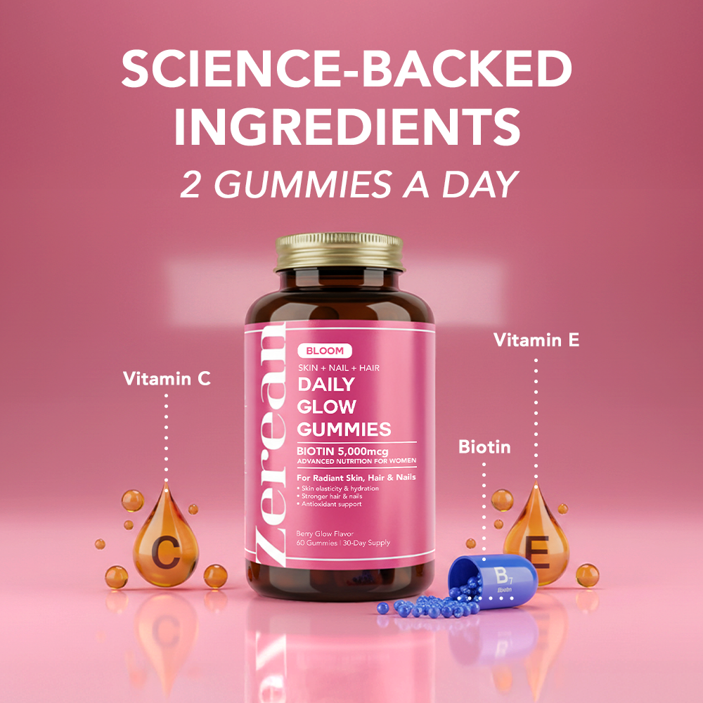 Zerean Bloom bottle surrounded by vitamin C, vitamin E, and biotin — clinically researched ingredients to boost glow and collagen.