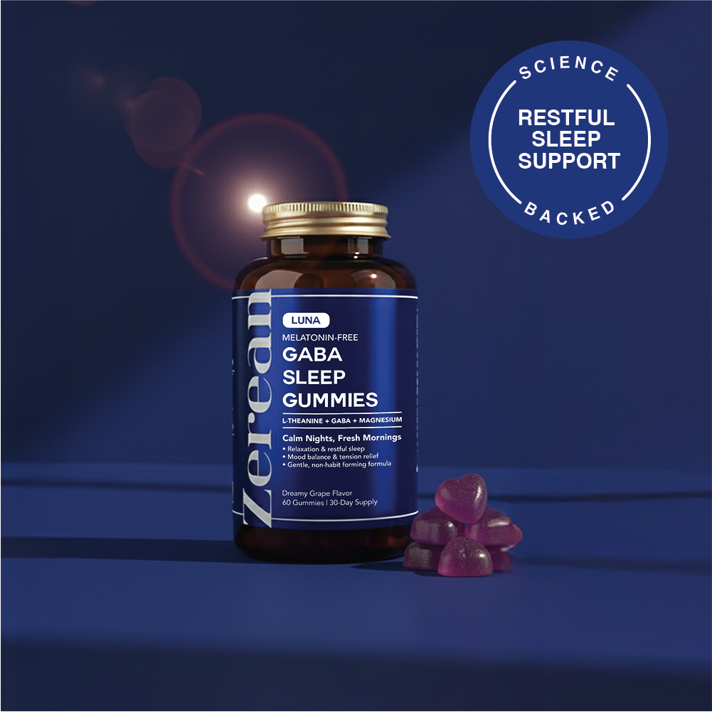 Zerean Luna GABA Sleep Gummies bottle on blue background — science-backed melatonin-free sleep support for calm nights and fresh mornings.