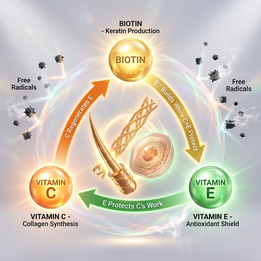 Scientific infographic illustrating the synergistic relationship between Biotin, Vitamin C, and Vitamin E for hair and skin health. Three vitamin spheres are arranged in a triangle: Biotin (golden, "Keratin Production") at top, Vitamin C (orange, "Collagen Synthesis") at bottom left, and Vitamin E (green, "Antioxidant Shield") at bottom right. Curved arrows show their interactions: "C Regenerates E," "B7 Builds While C+E Protect," and "E Protects C's Work." A central golden hair shaft and cell structure are