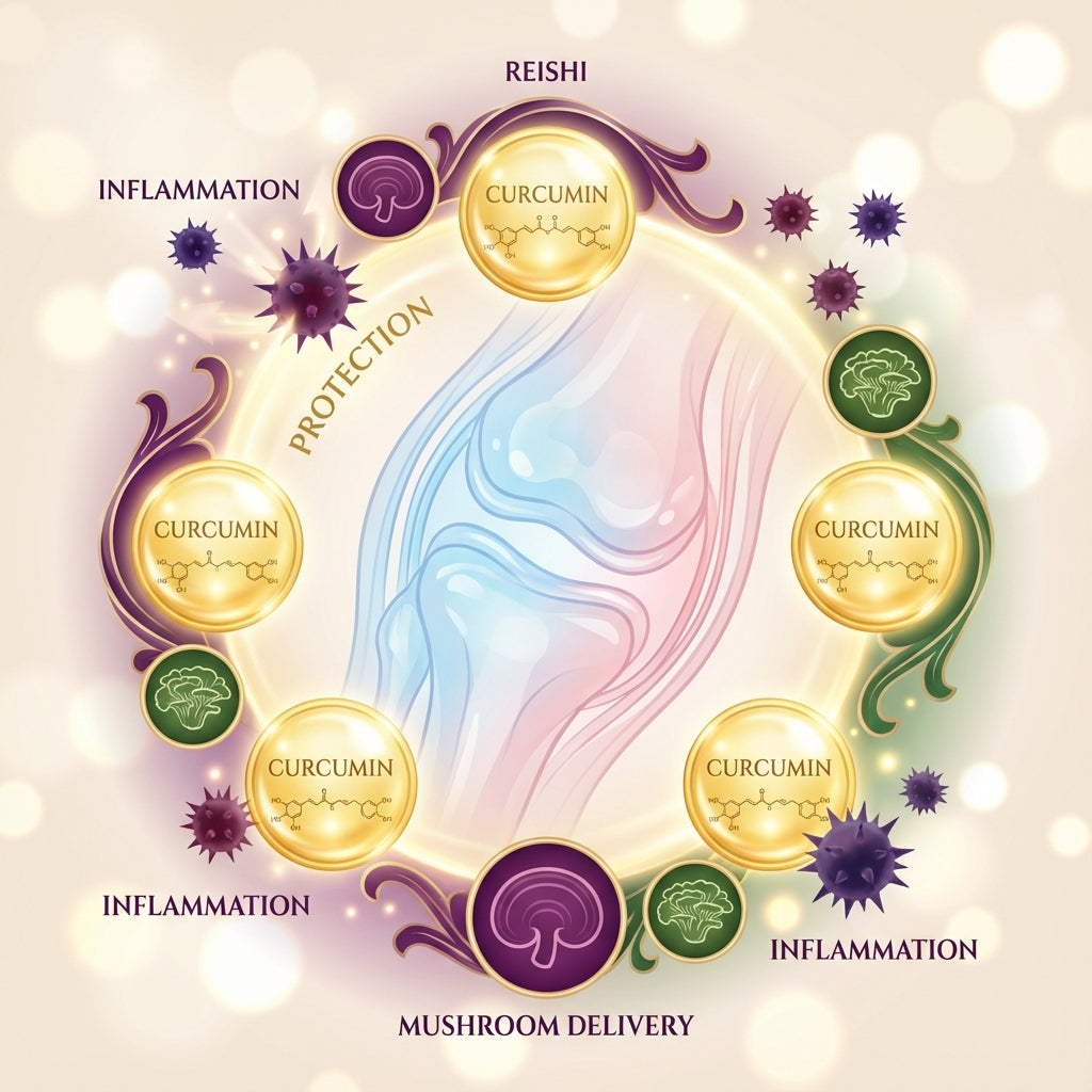 Scientific infographic illustrating joint protection through curcumin and mushroom delivery system. A stylized knee joint in soft pink and blue tones is centered within a protective circular arrangement. Five golden spheres containing curcumin molecular structures alternate with dark green mushroom icons (Reishi) around the perimeter, forming a protective barrier. Purple spiky "Inflammation" markers are shown outside the protective circle, being deflected. 
