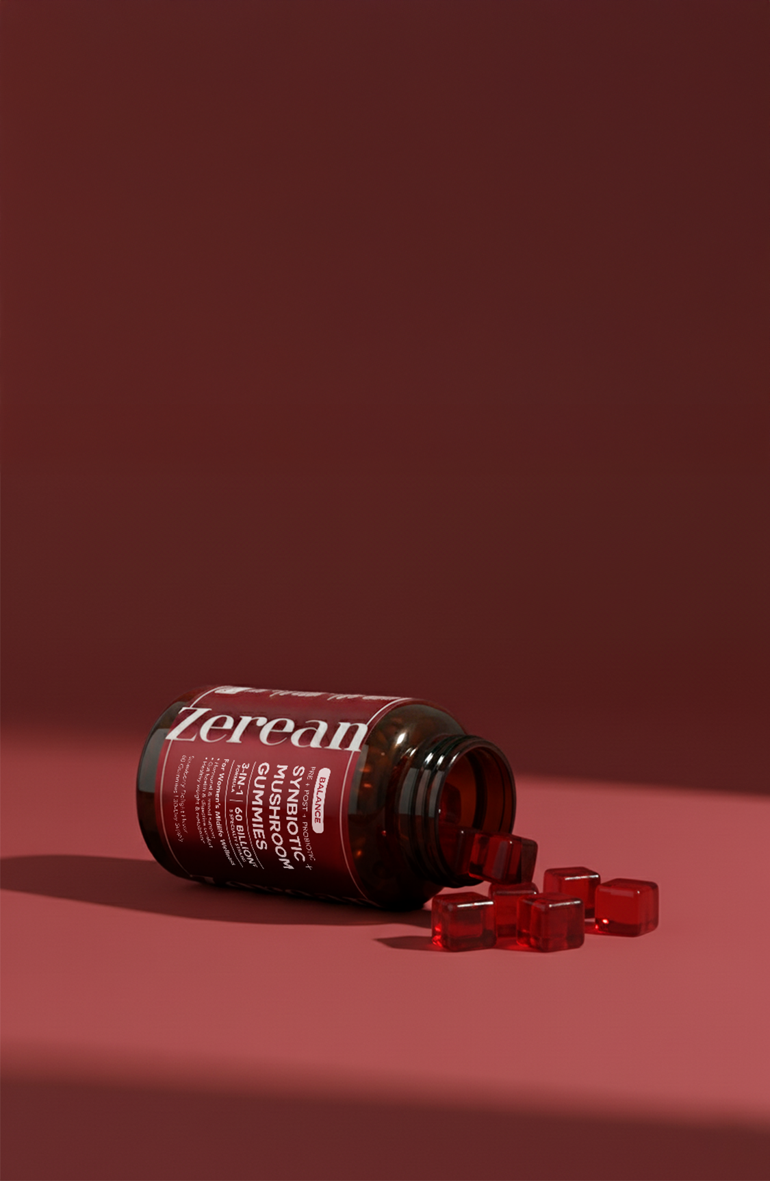 Zerean Balance bottle with red gummies — world’s first 3-in-1 mushroom + synbiotic formula for gut and hormone harmony during menopause.