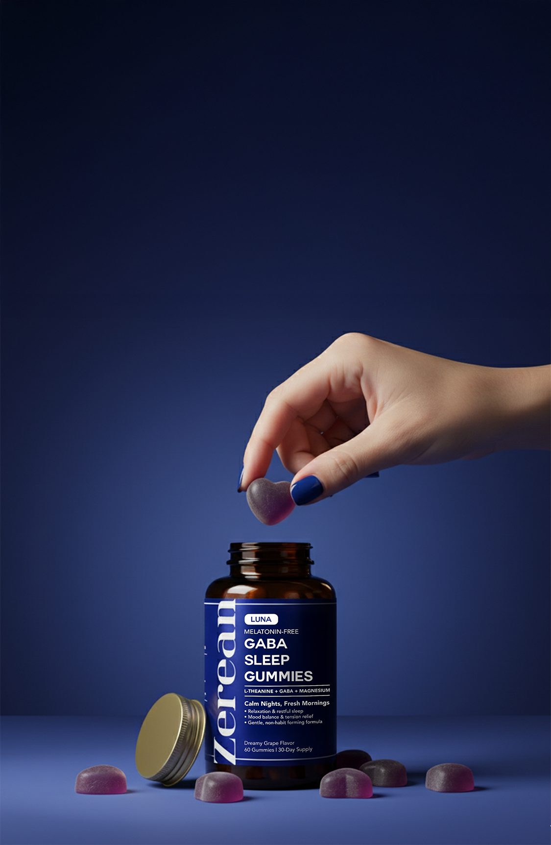 Hand picking heart-shaped Zerean Luna GABA Sleep Gummy — melatonin-free sleep support for calm nights and refreshed mornings.